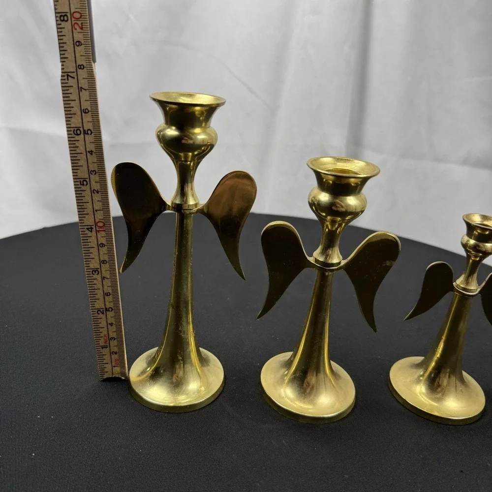 Vintage Solid Brass Candle Stick Holders Graduated‎ Angels Wings Set Of 3 India